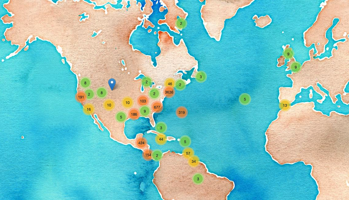 http://Map%20of%20North%20and%20part%20of%20South%20America%20with%20colorful%20blobs%20showing%20where%20points%20are%20clustered
