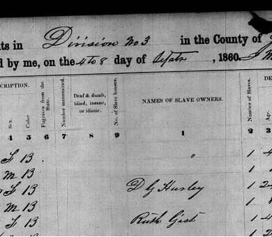 Scan of census record listing names and age of enslaved people, dated 1860, Livingston, Kentucky.