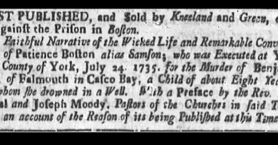Black and white scan of newspaper advertisement notifying of the publish and sale of a book, A Faithful Narrative of the Wicked Life and Remarkable Conversion of Patience Boston alias Samson; with a preface by Reverends Samuel and Joseph Moody.