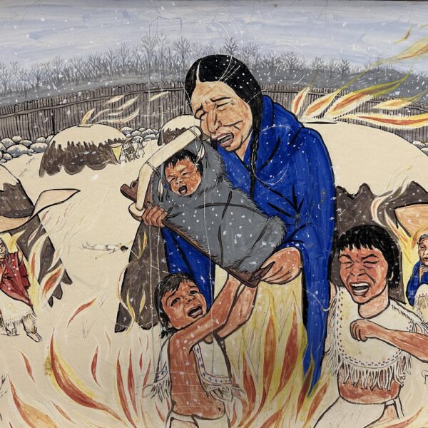 Native American family fleeing a burning village.