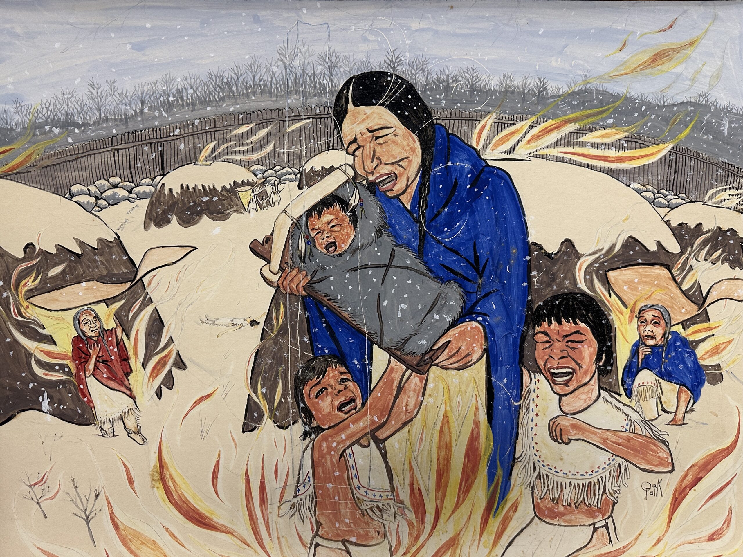 Native American family fleeing a burning village.