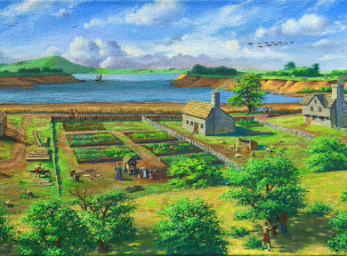 Painted view of Providence, RI from College Hill, looking west; center view of cove in background with houses, house lots, and fruit trees in forefront; large flat area to far right and large hill in upper left with road that runs across the middle ground.