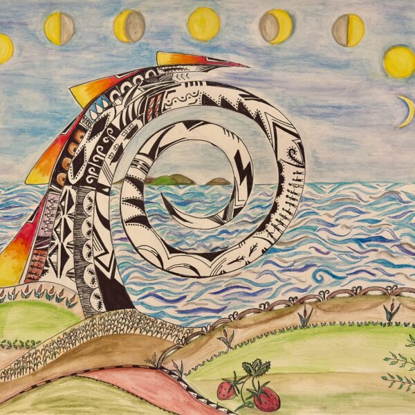 Modern art piece with a black and white swirl on a background of green hills and the ocean in the background.