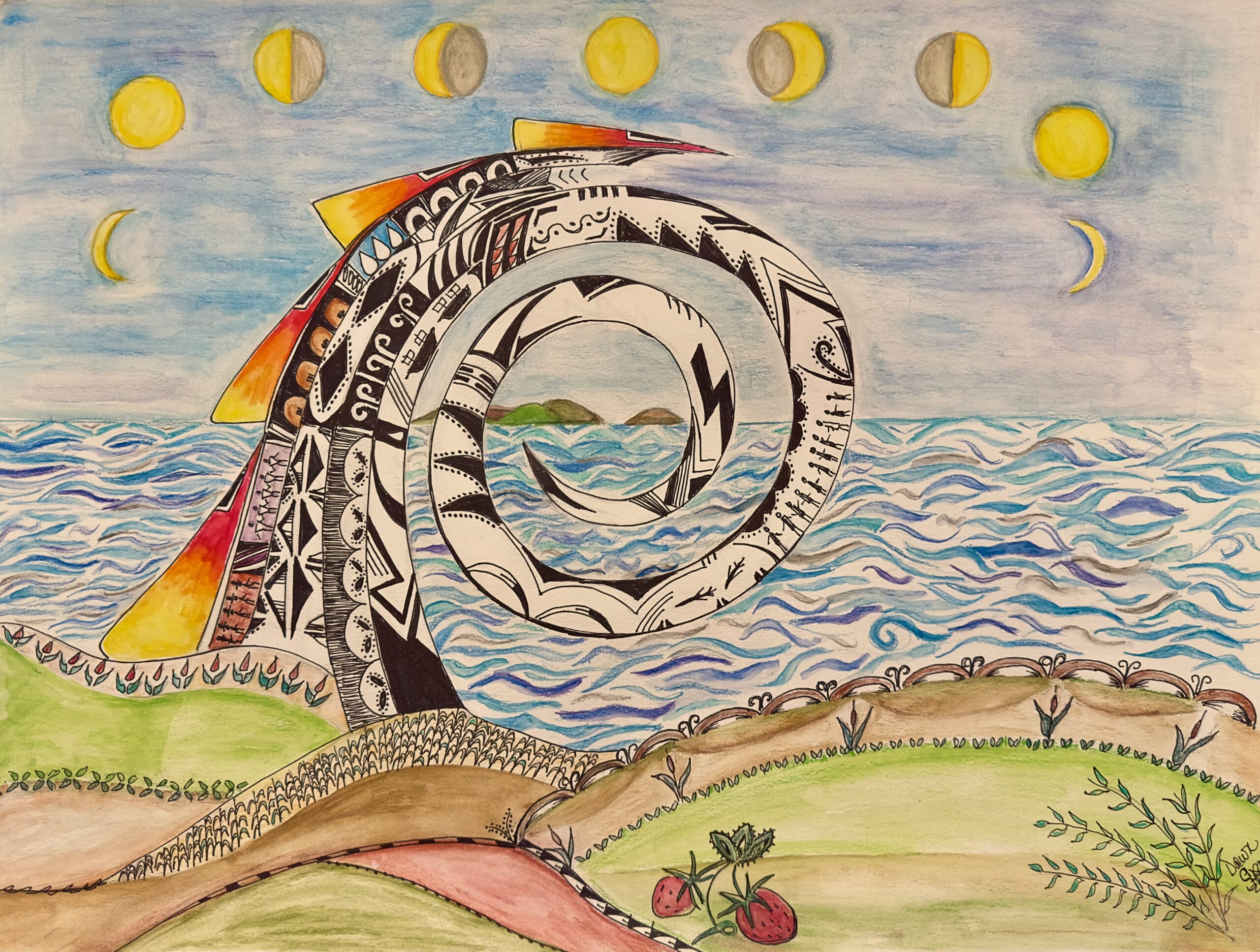 Modern art piece with a black and white swirl on a background of green hills and the ocean in the background.