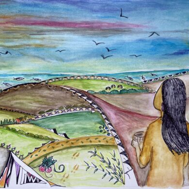 Two Native people looking out over the landscape.