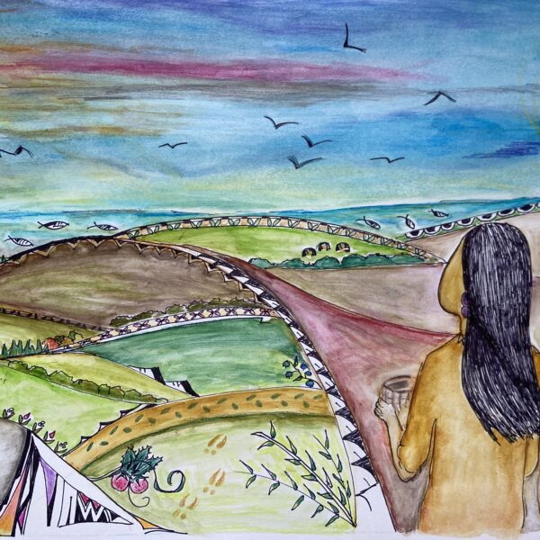 Two Native people looking out over the landscape.