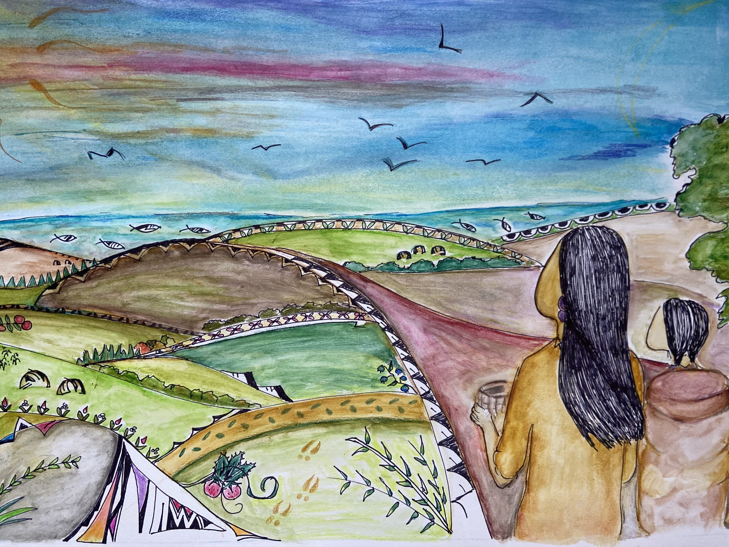 Two Native people looking out over the landscape.