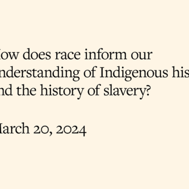 Question card asking how race informs our understanding of Indigenous slavery, dated March 20, 2024, on tan background, horizontal purple bar far left side.