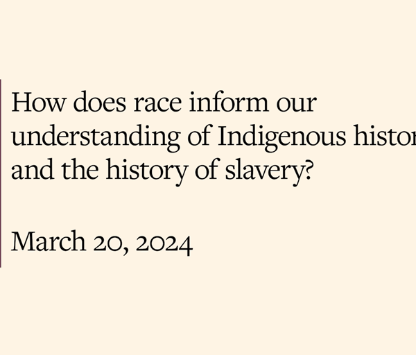 Question card asking how race informs our understanding of Indigenous slavery, dated March 20, 2024, on tan background, horizontal purple bar far left side.