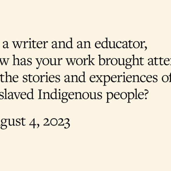 Question card asking how Loren Spear's works have brought attention to Indigenous history, dated August 4, 2023, on beige background with blue horizontal bar far left.