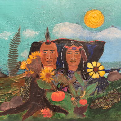 A painting of two Native persons in a landscape setting.