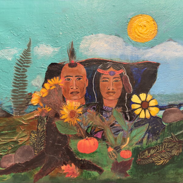 A painting of two Native persons in a landscape setting.