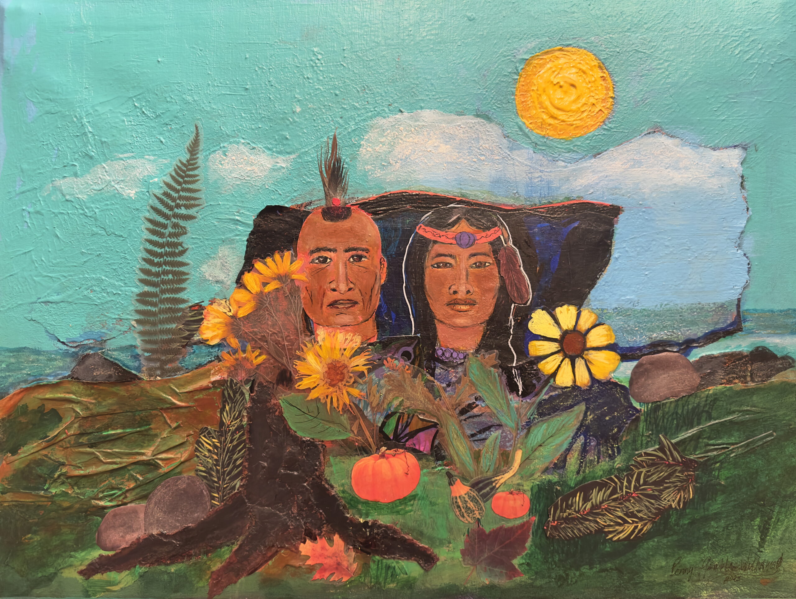 A painting of two Native persons in a landscape setting. 